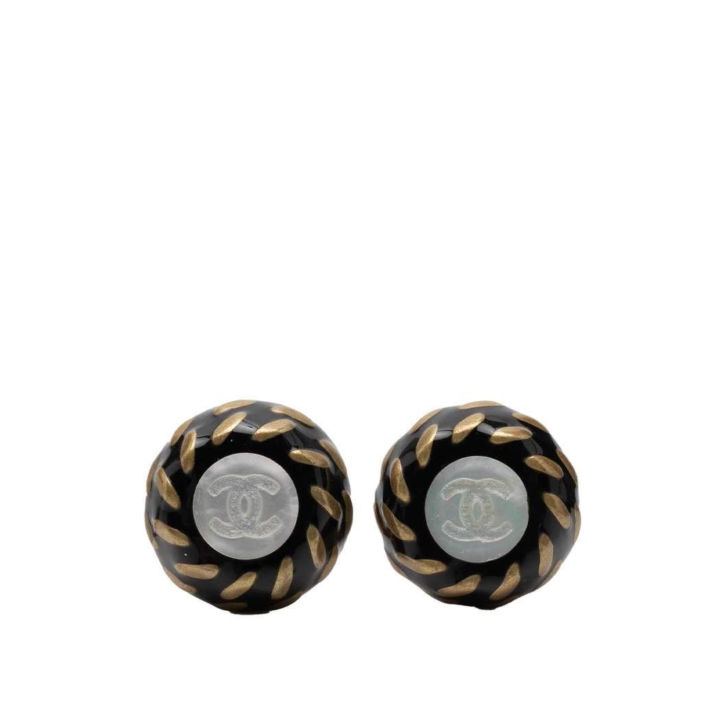 Chanel Resin and Gold Plated CC Button Clip On Earrings Black Very good - Front View