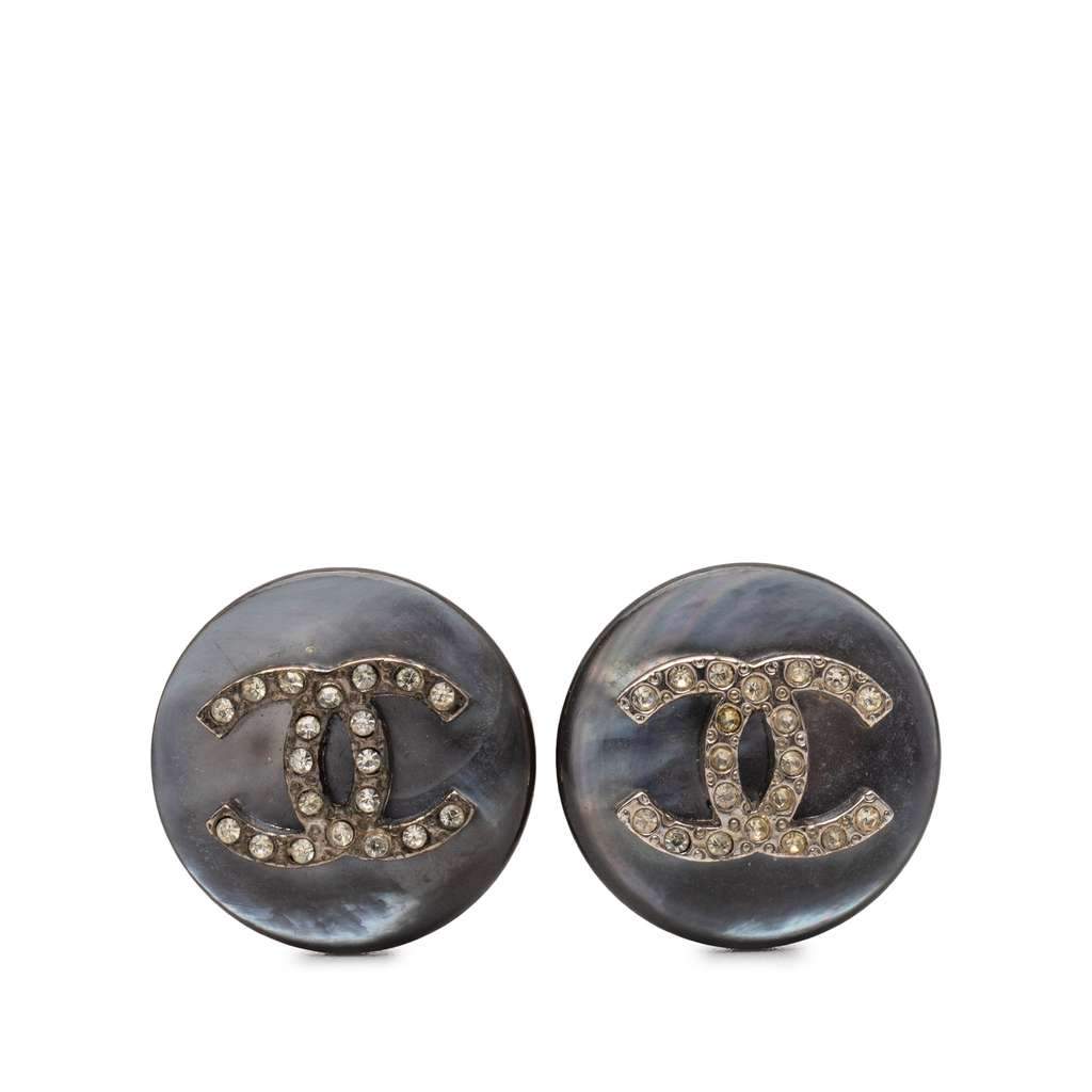 Chanel CC Faux Pearl Strass Clip On Earrings Grey Very good - Front View