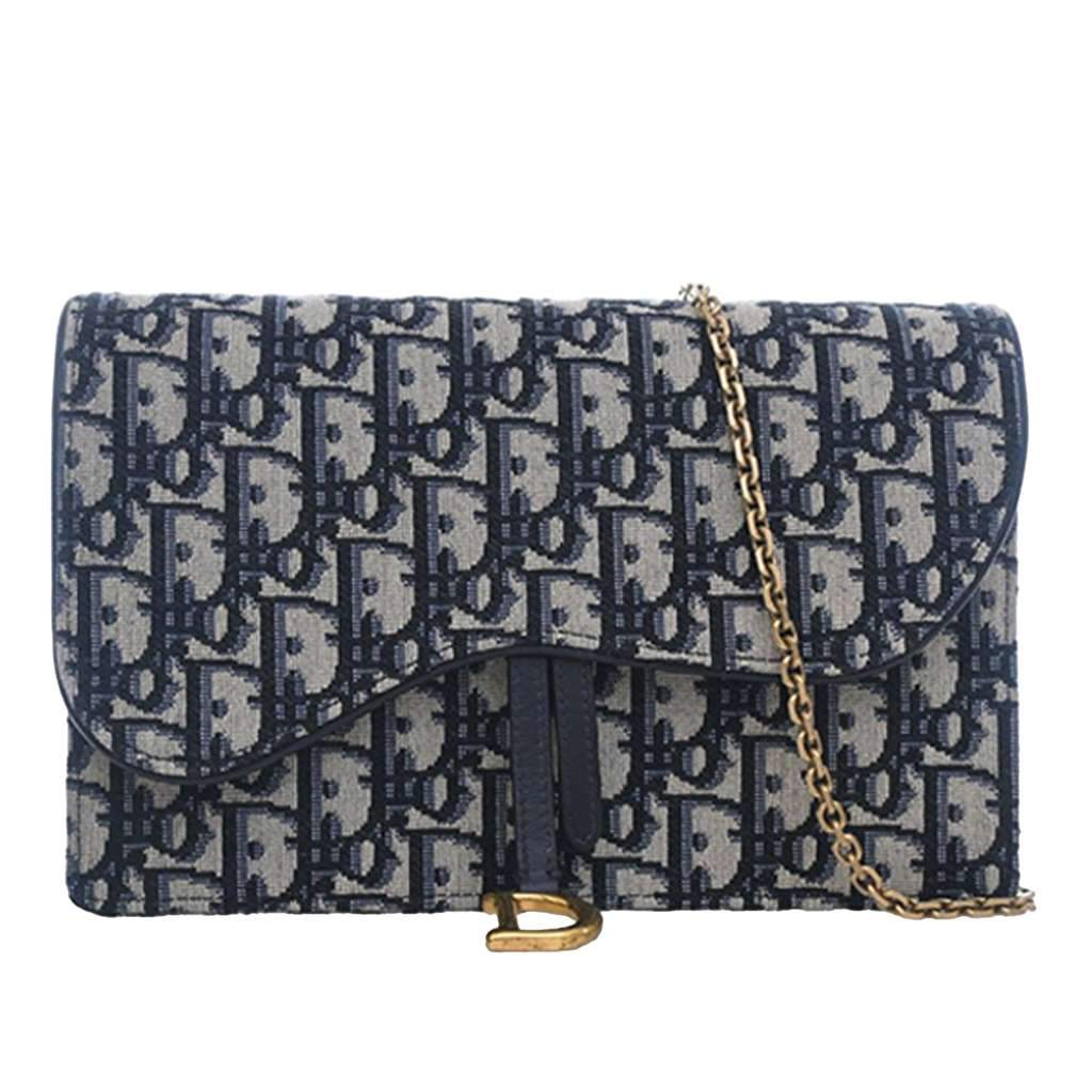 Dior Oblique Canvas Saddle Pouch Wallet on Chain Blue Canvas Very good condition - Front View