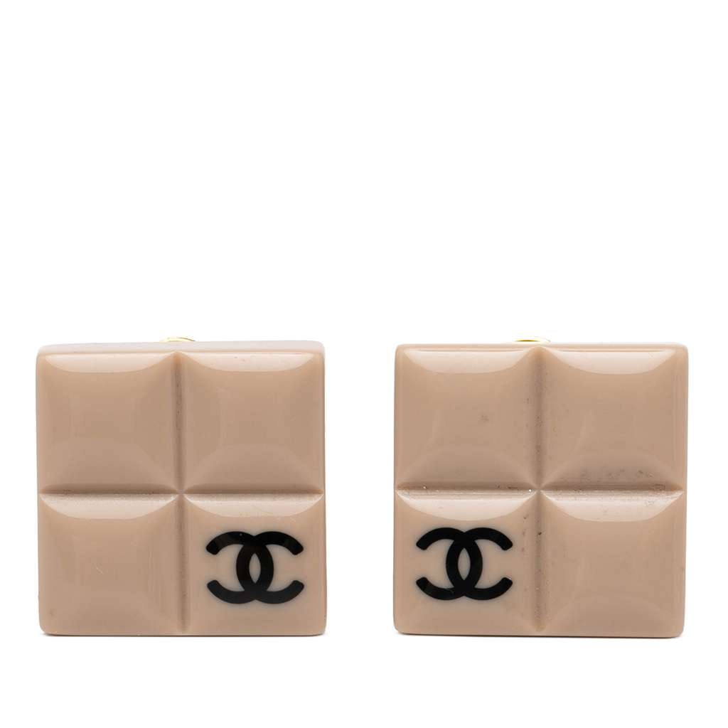 Chanel Resin CC Chocolate Bar Clip On Earrings Beige Very good condition - Front View