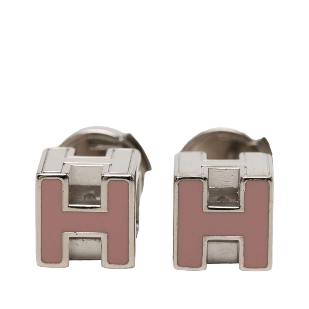 Hermès Palladium Plated and Enamel Cage D H Push Back Earrings Pink Metal Very good - Front View