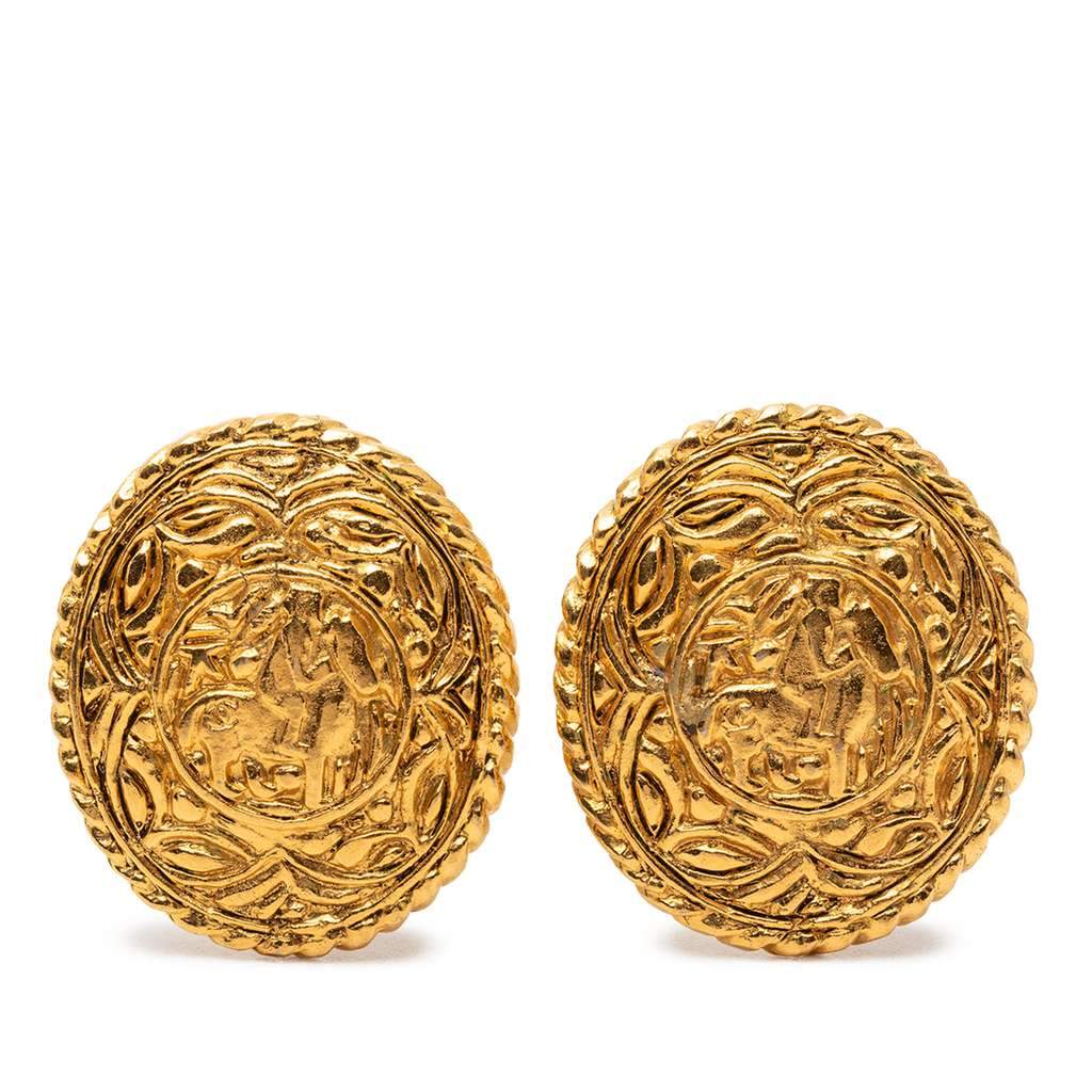Chanel Gold Plated Horse Medallion Clip On Earrings Gold Metal Very good - Front View