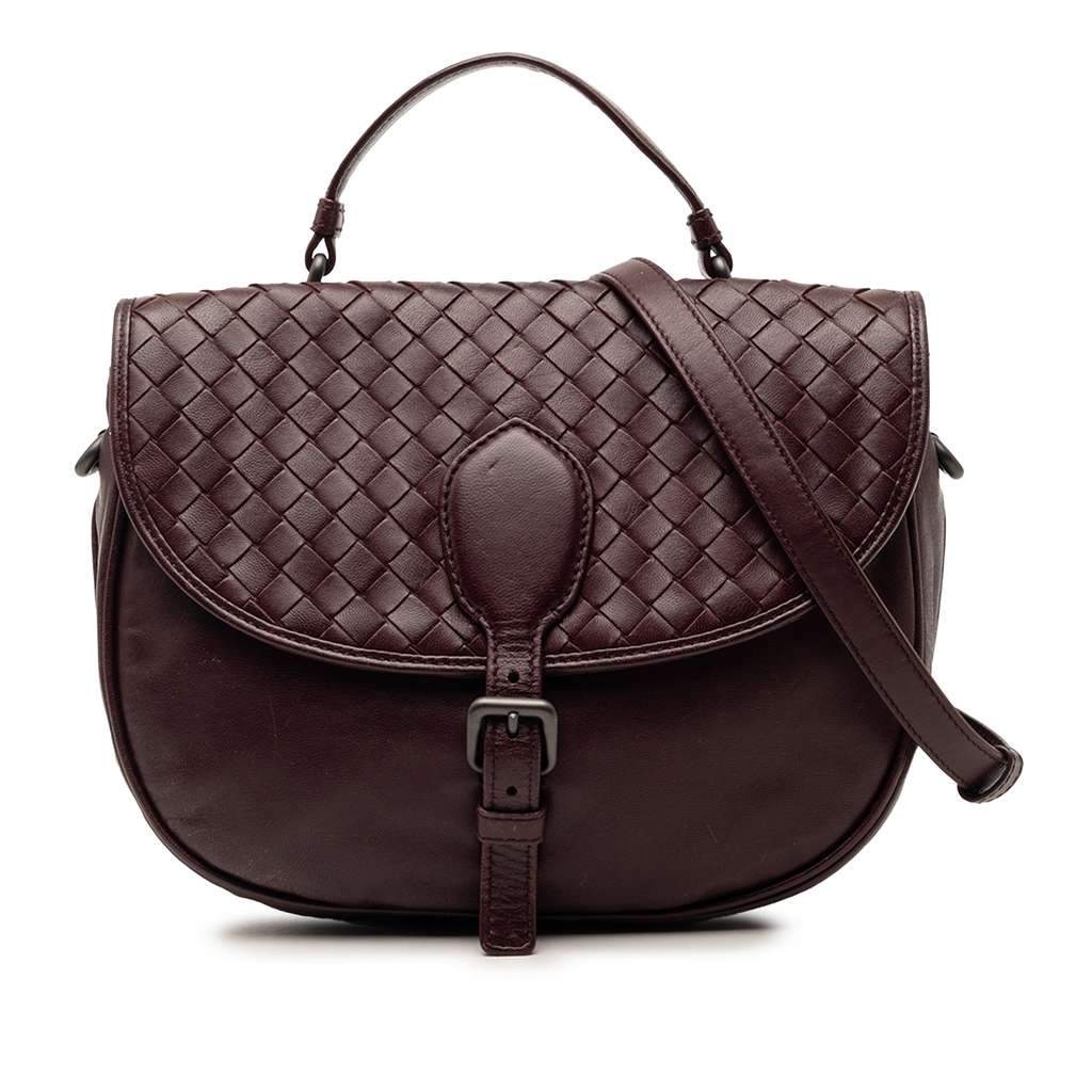 Bottega Veneta Intrecciato Trimmed Leather Double Sided Flap Satchel Red Leather Very good - Front View