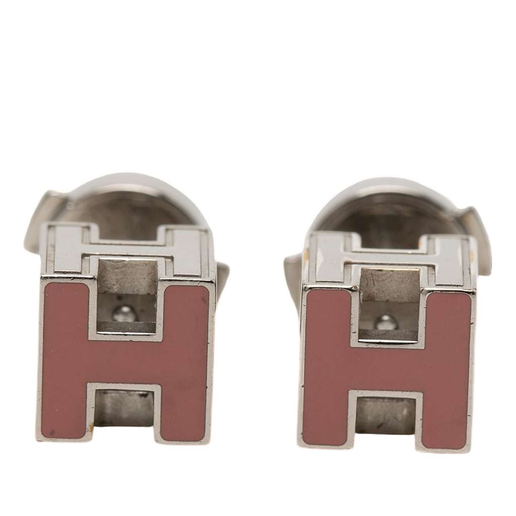 Hermès Palladium Plated Enamel Cage dH Cube Push Back Earrings Pink Metal Very good - Front View