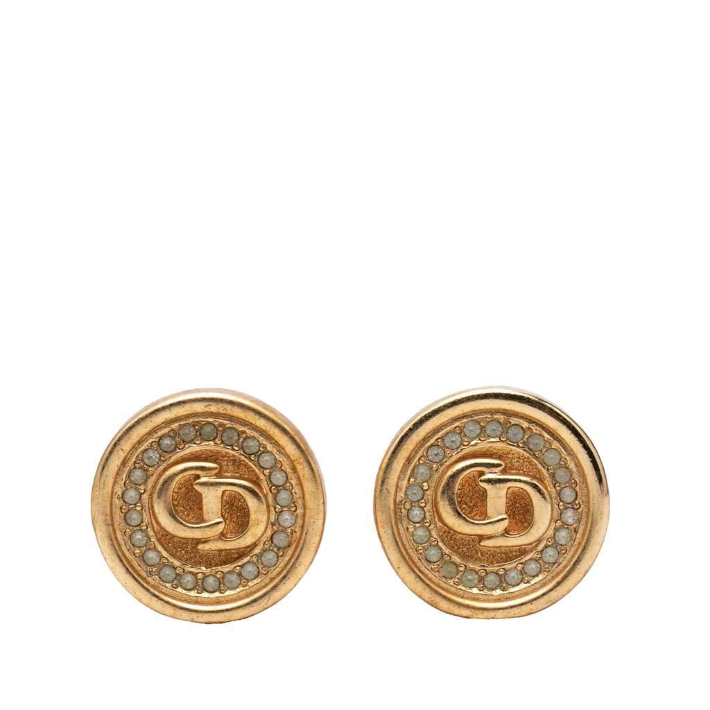 Dior Gold Plated Strass CD Logo Clip On Earrings Gold Metal Very good - Front View
