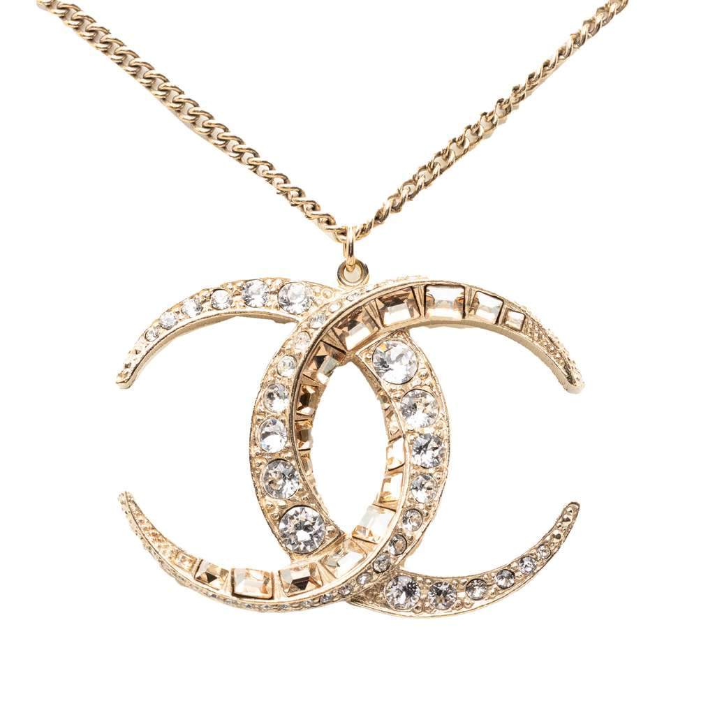 Chanel CC Gold Plated Strass Moon Pendant Necklace Gold Metal Very good - Front View