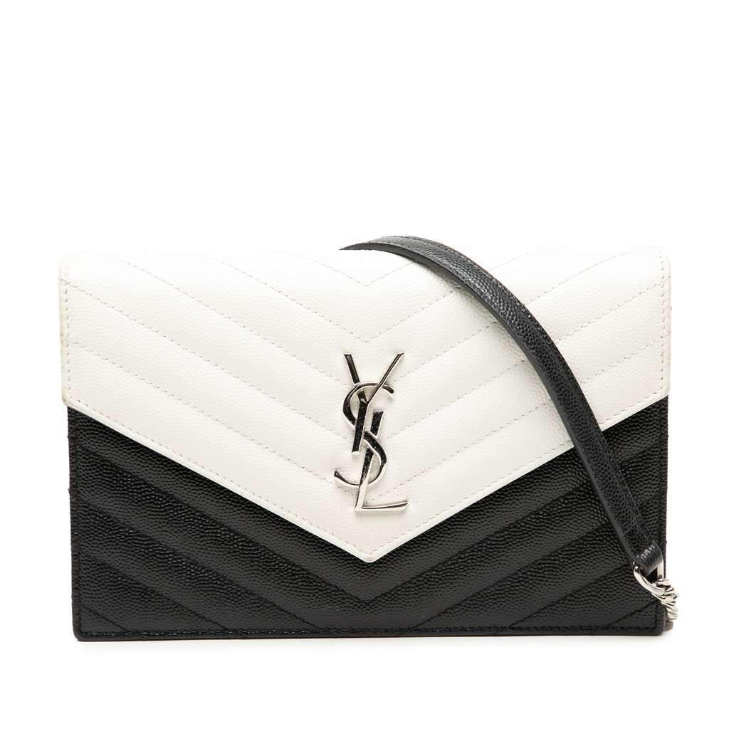 Saint Laurent Bicolor Grain De Poudre Cassandre Envelope Chain Wallet Black Leather Very good - Front View