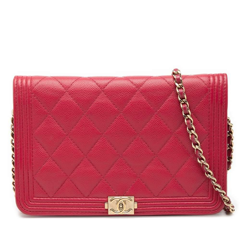 Chanel Quilted Caviar Boy Wallet on Chain Red Leather Very good - Front View