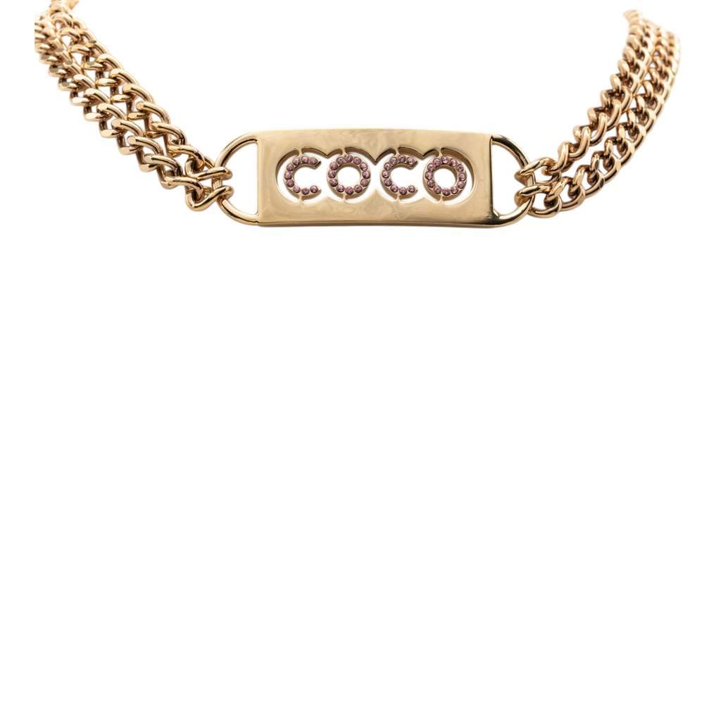 Chanel CC Gold Plated Coco Rhinestones Double Chain Necklace Gold Metal Very good - Front View