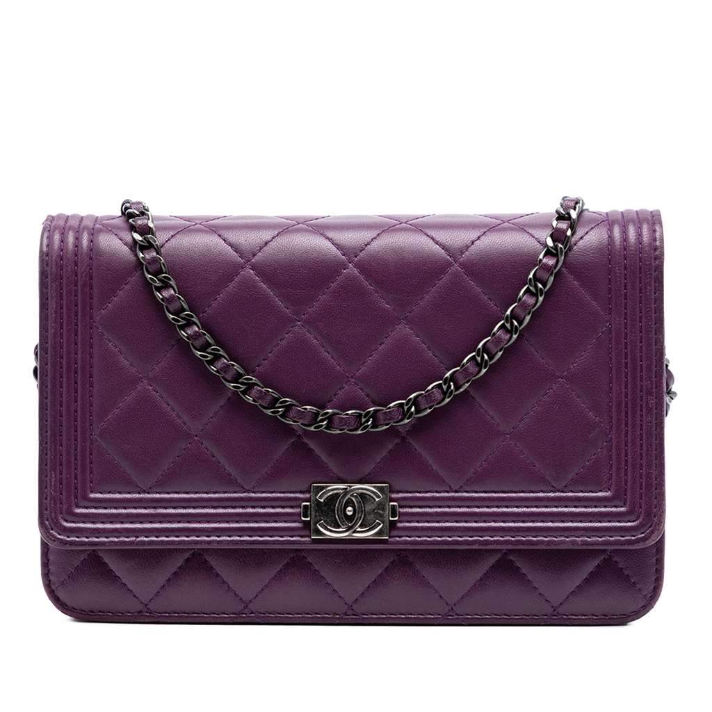 Chanel Quilted Lambskin Boy Wallet on Chain Purple Leather Very good - Front View