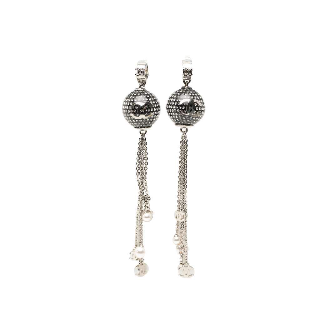 Chanel CC Brass Resin Strass Faux Pearl Disco Ball Drop Clip On Earrings Silver Brass Very good - Front View