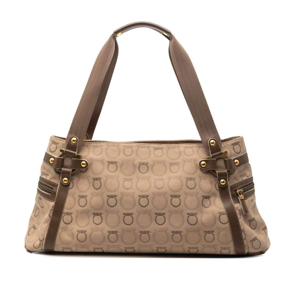 Salvatore Ferragamo Gancini Canvas Shoulder Bag Brown Canvas Very good condition - Front View