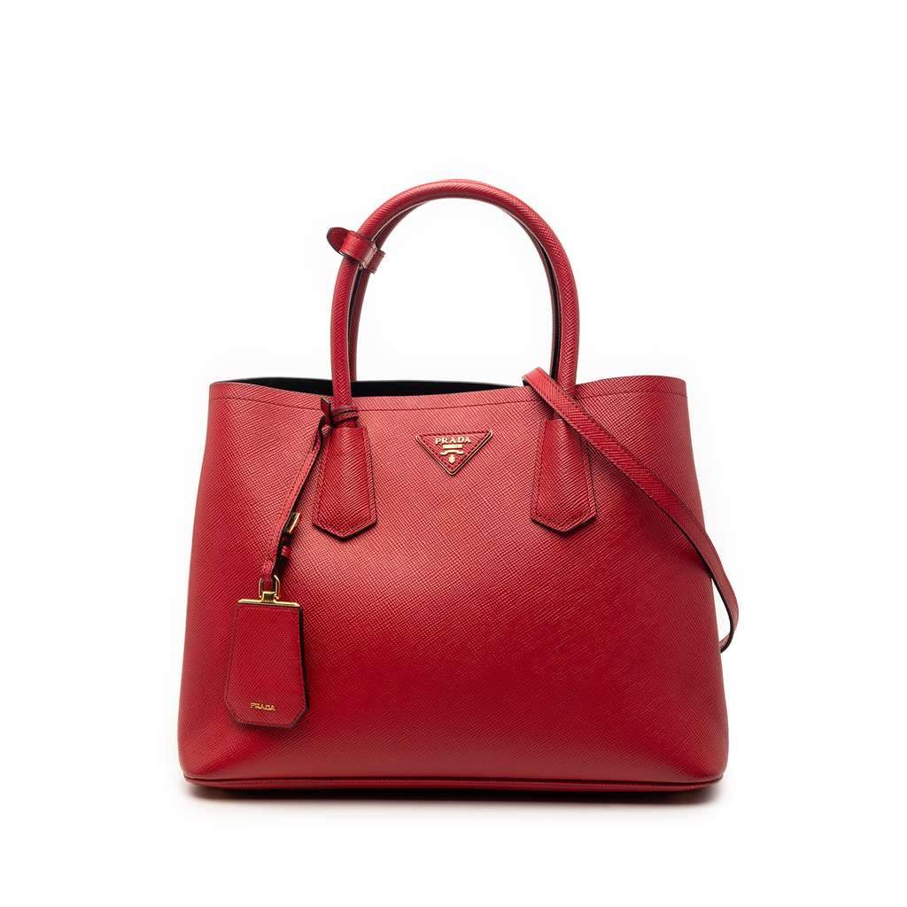 Prada Medium Saffiano Cuir Double Satchel Red Leather Very good - Front View