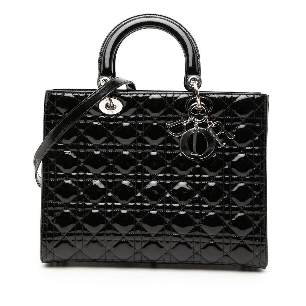 Dior Large Patent Cannage Lady Dior Black Leather Good - Front View