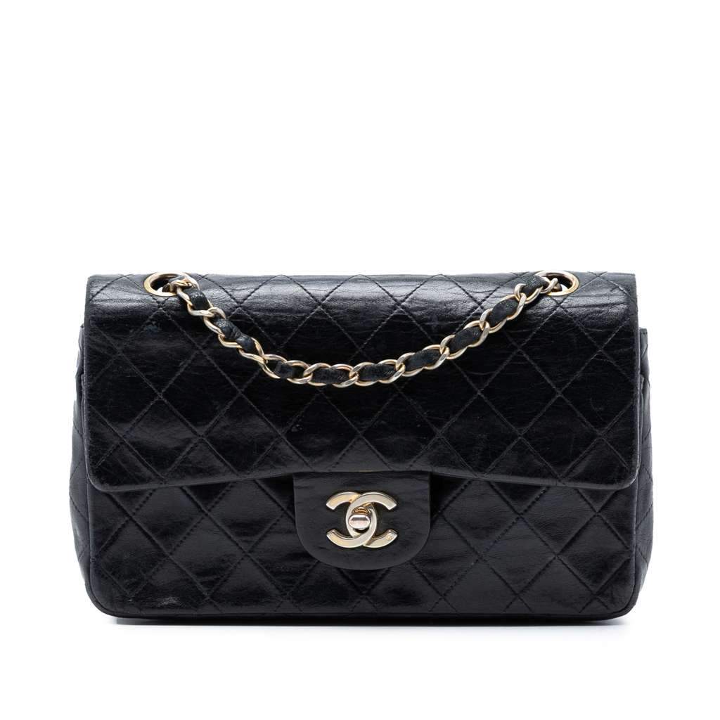 Chanel Small Classic Lambskin Double Flap Black Leather Good - Front View