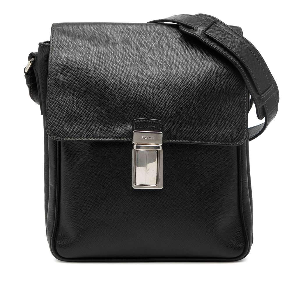 Prada Saffiano Travel Messenger Bag Black Leather Good - Front View