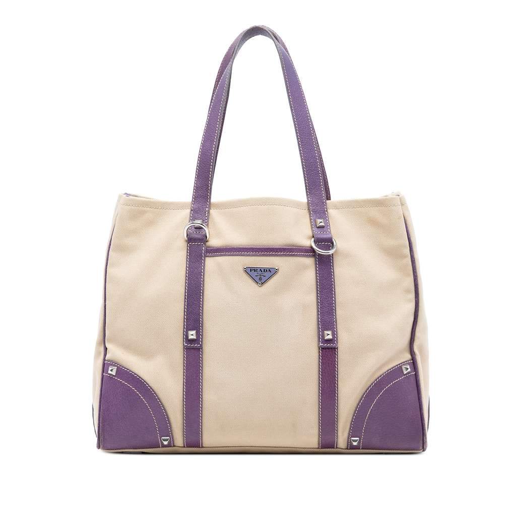 Prada Studded Leather Trimmed Canvas Front Pocket Tote Brown Canvas Very good - Front View