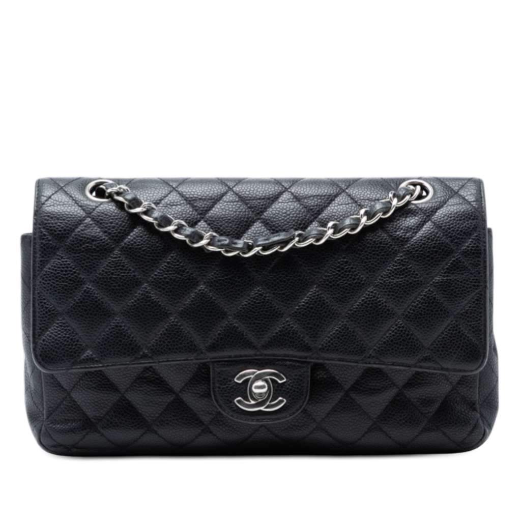 Chanel Medium Classic Caviar Double Flap Black Leather Very good - Front View