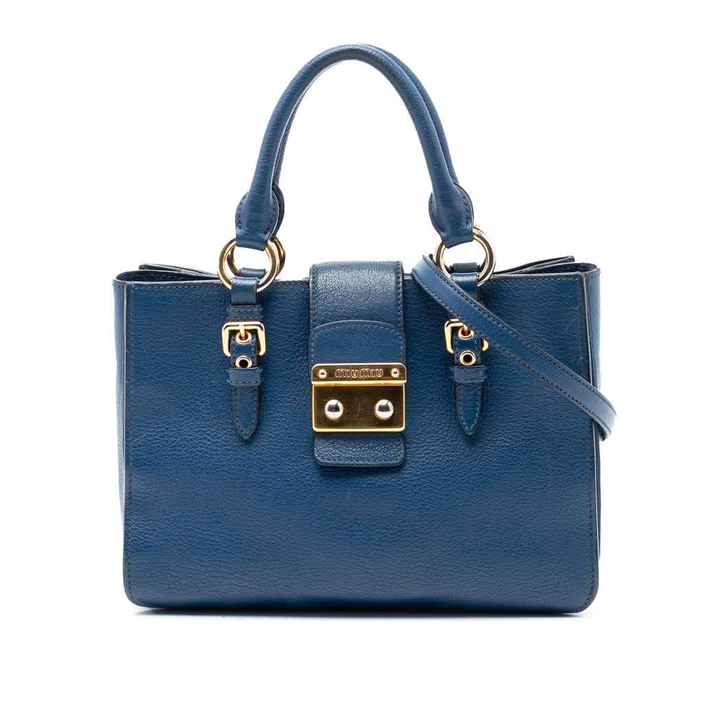 Miu Miu Goatskin Madras Satchel Blue Leather Good - Front View