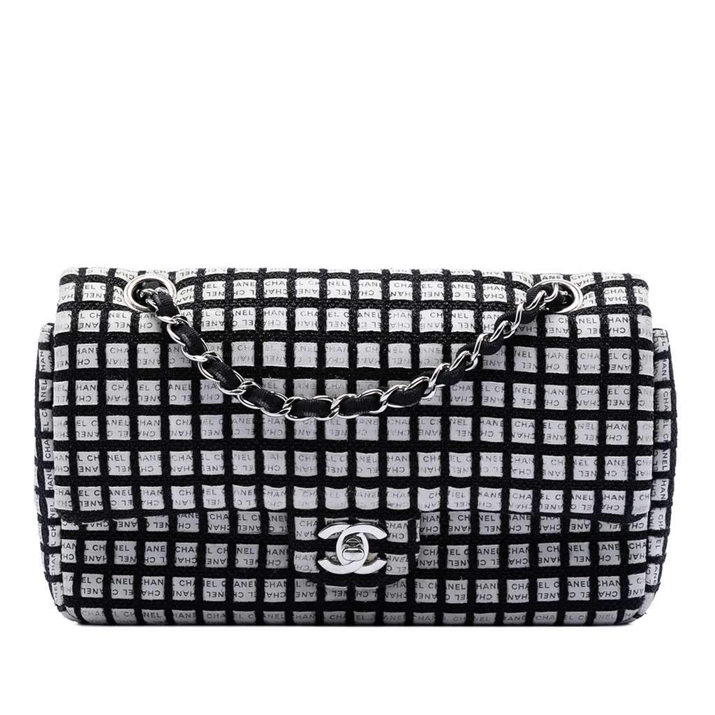 Chanel Medium Classic Ribbon and Tweed Logo Double Flap Black Canvas Very good - Front View