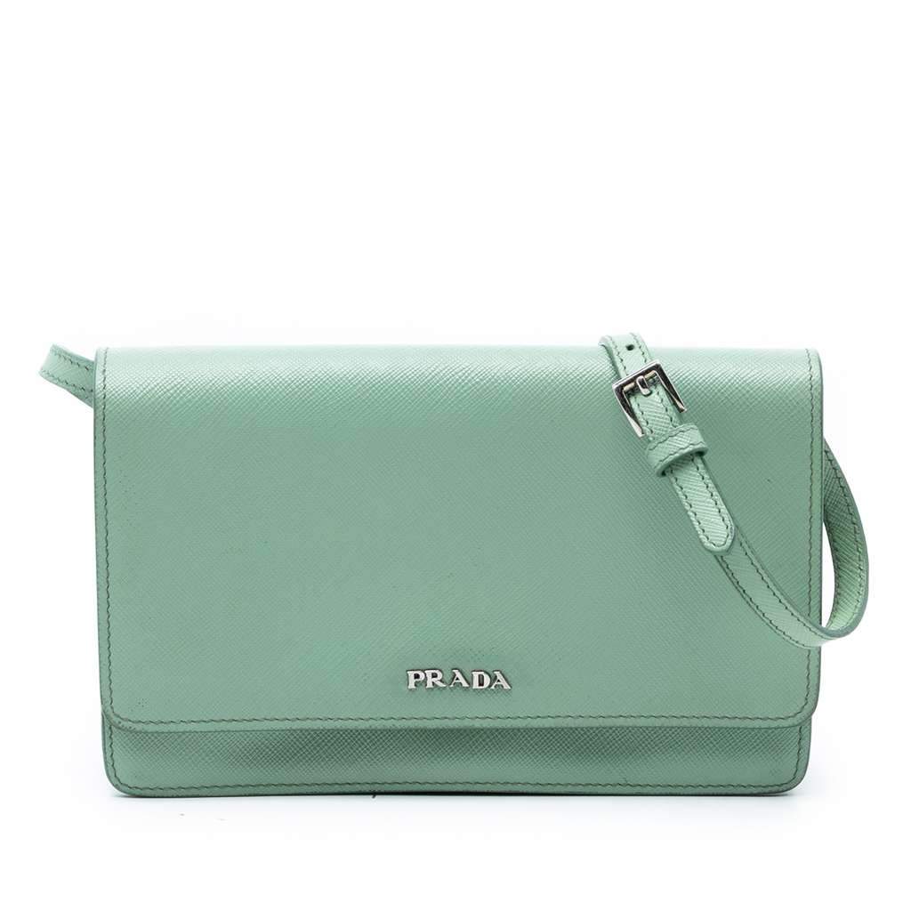 Prada Saffiano Wallet on Strap Green Leather Very good - Front View