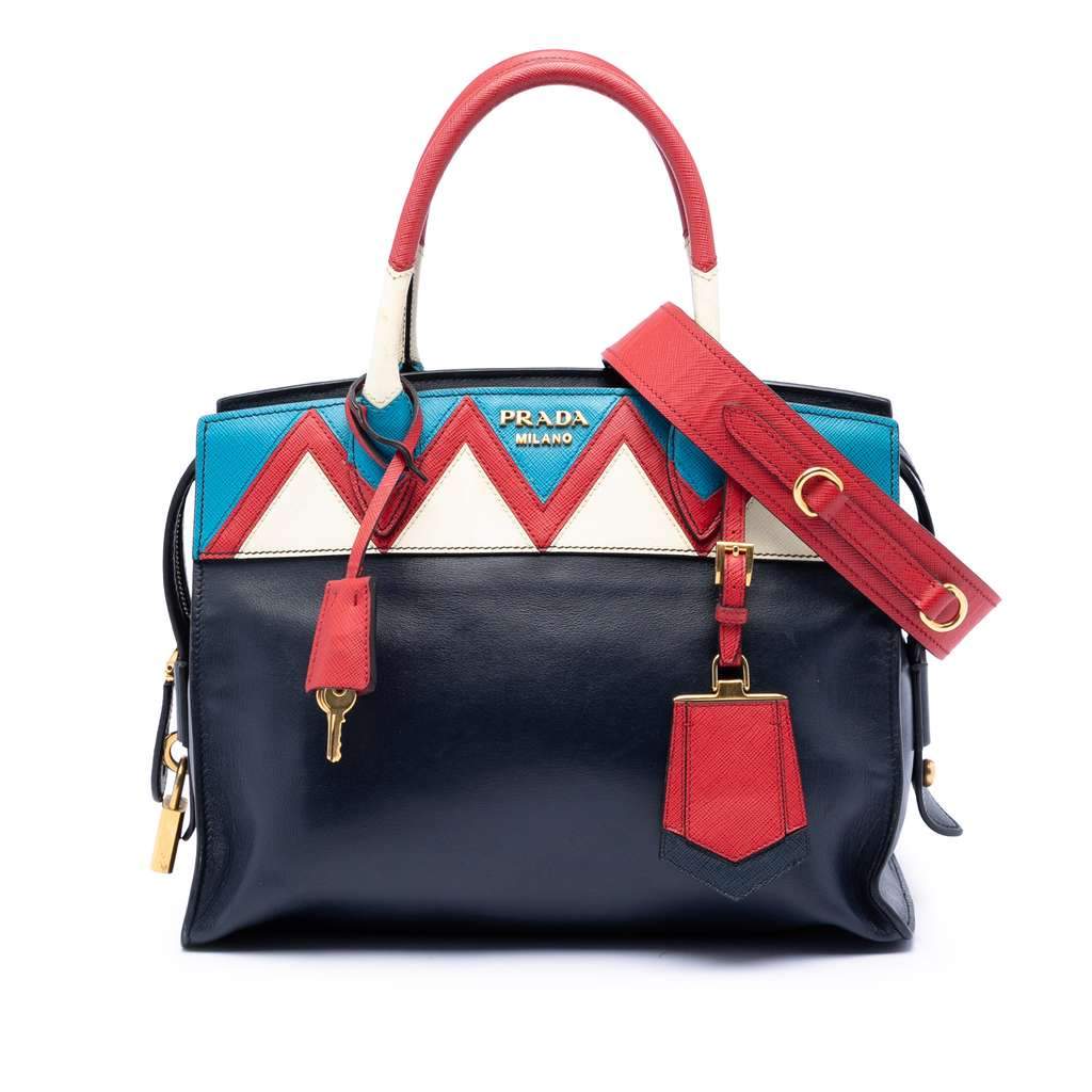 Prada Medium Saffiano Trimmed City Calf Greca Esplanade Satchel Blue Leather Very good - Front View