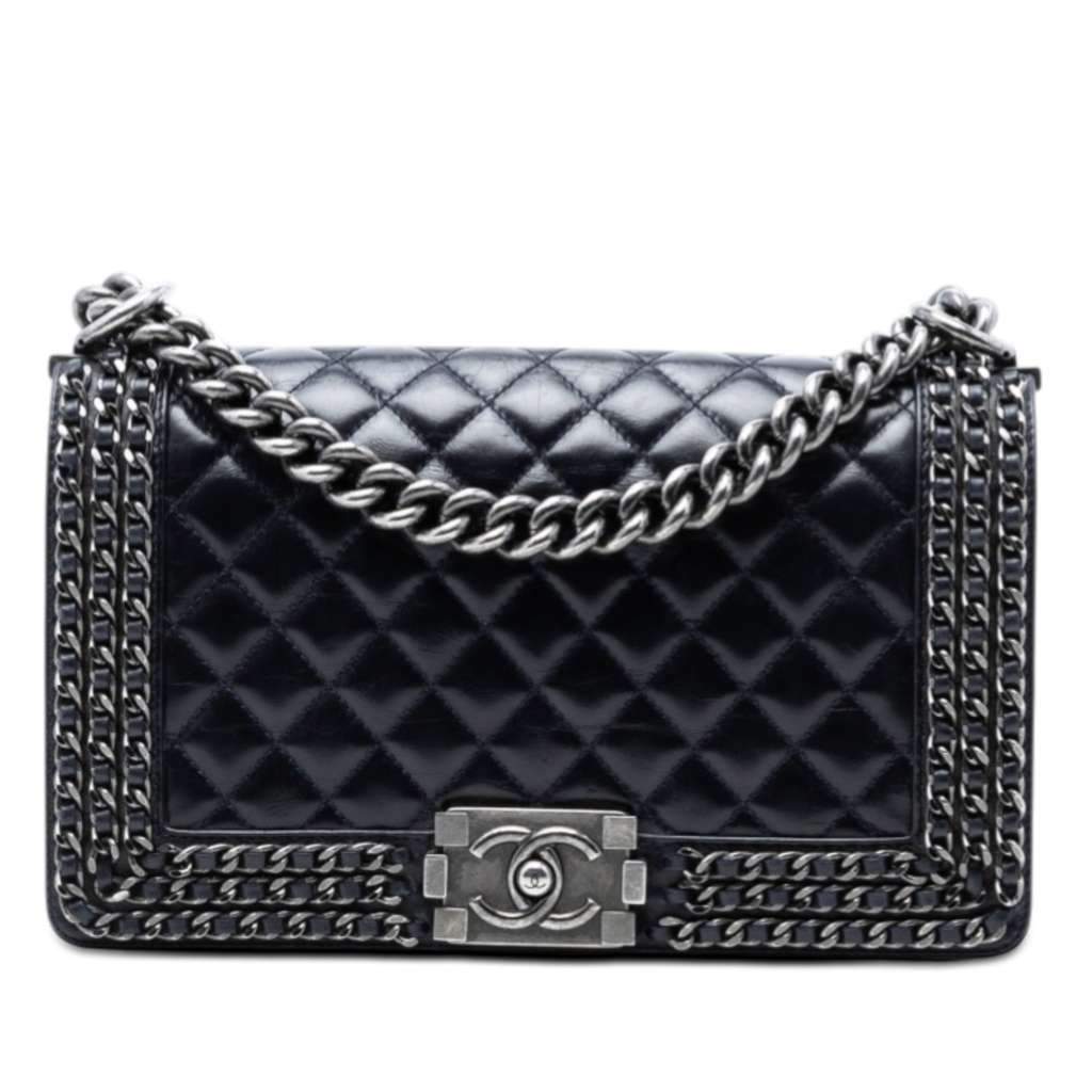 Chanel Old Medium Quilted Glazed Calfskin Chain Around Boy Flap Blue Leather Very good - Front View