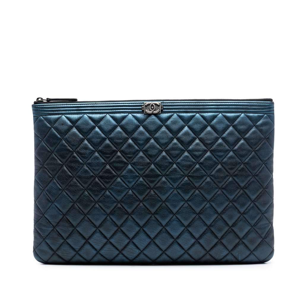 Chanel Large Quilted Metallic Lambskin Boy O Case Clutch Blue Leather Very good - Front View