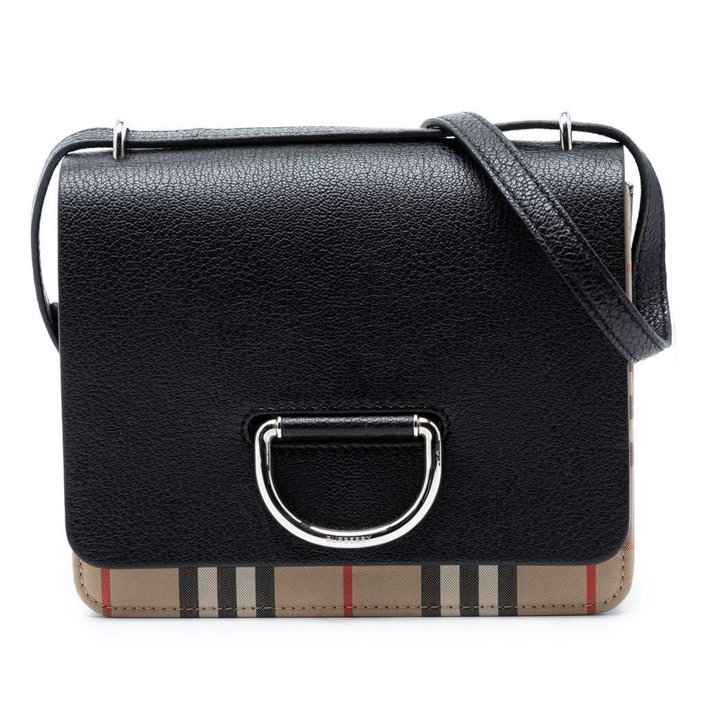 Burberry Small House Check Trimmed Goatskin D Ring Crossbody Black Leather Very good - Front View