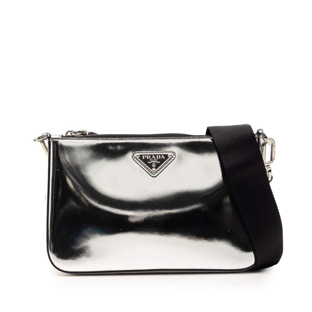 Prada Brushed Leather Re Edition Zip Messenger Bag Silver Leather Very good - Front View