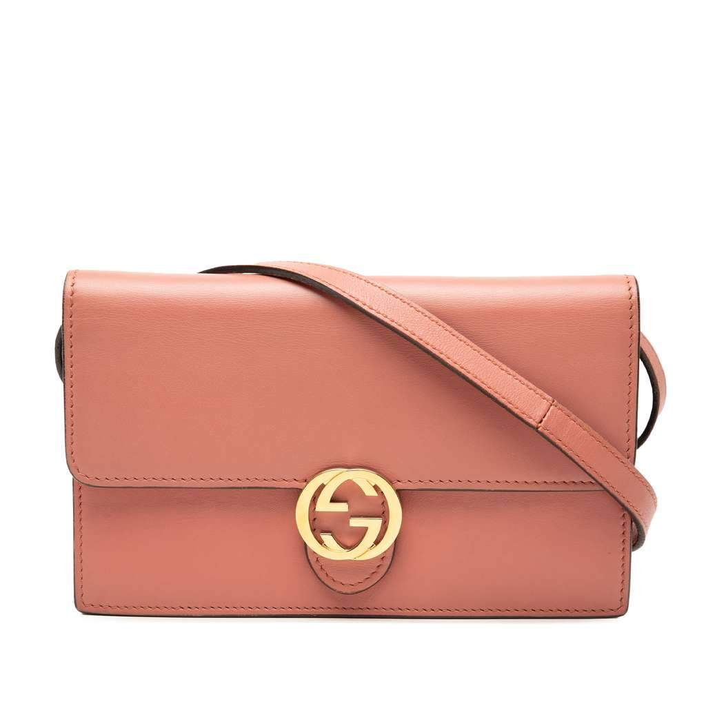 Gucci Leather Interlocking G Dollar Wallet On Strap Pink Leather Very good - Front View
