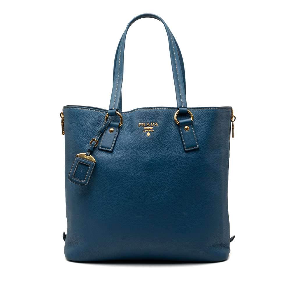 Prada Vitello Daino Side Zip Shopper Tote Blue Leather Very good - Front View