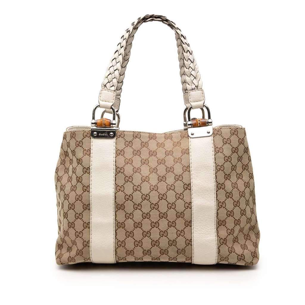 Gucci Medium GG Canvas Bamboo Libeccio Tote Beige Canvas Good - Front View
