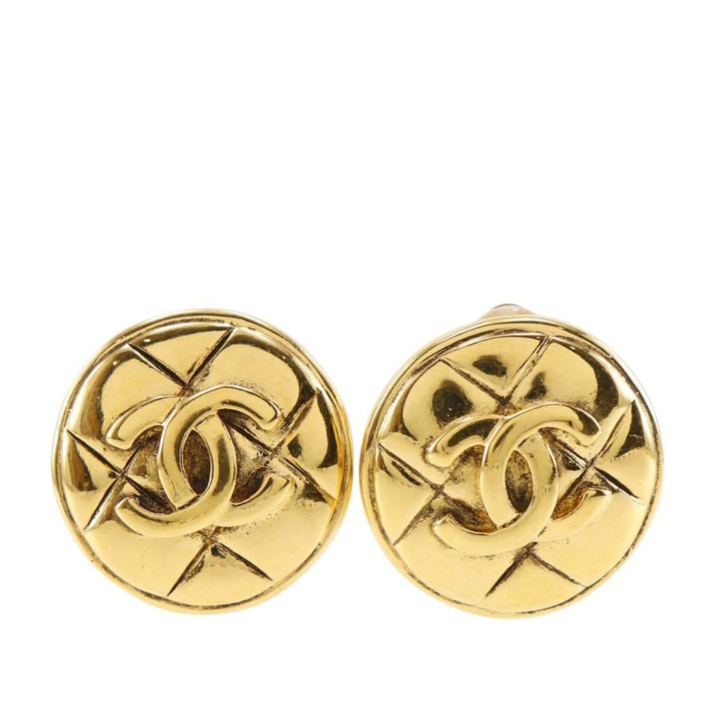Chanel CC Gold Plated Quilted Round Clip On Earrings Gold Metal Very good - Front View