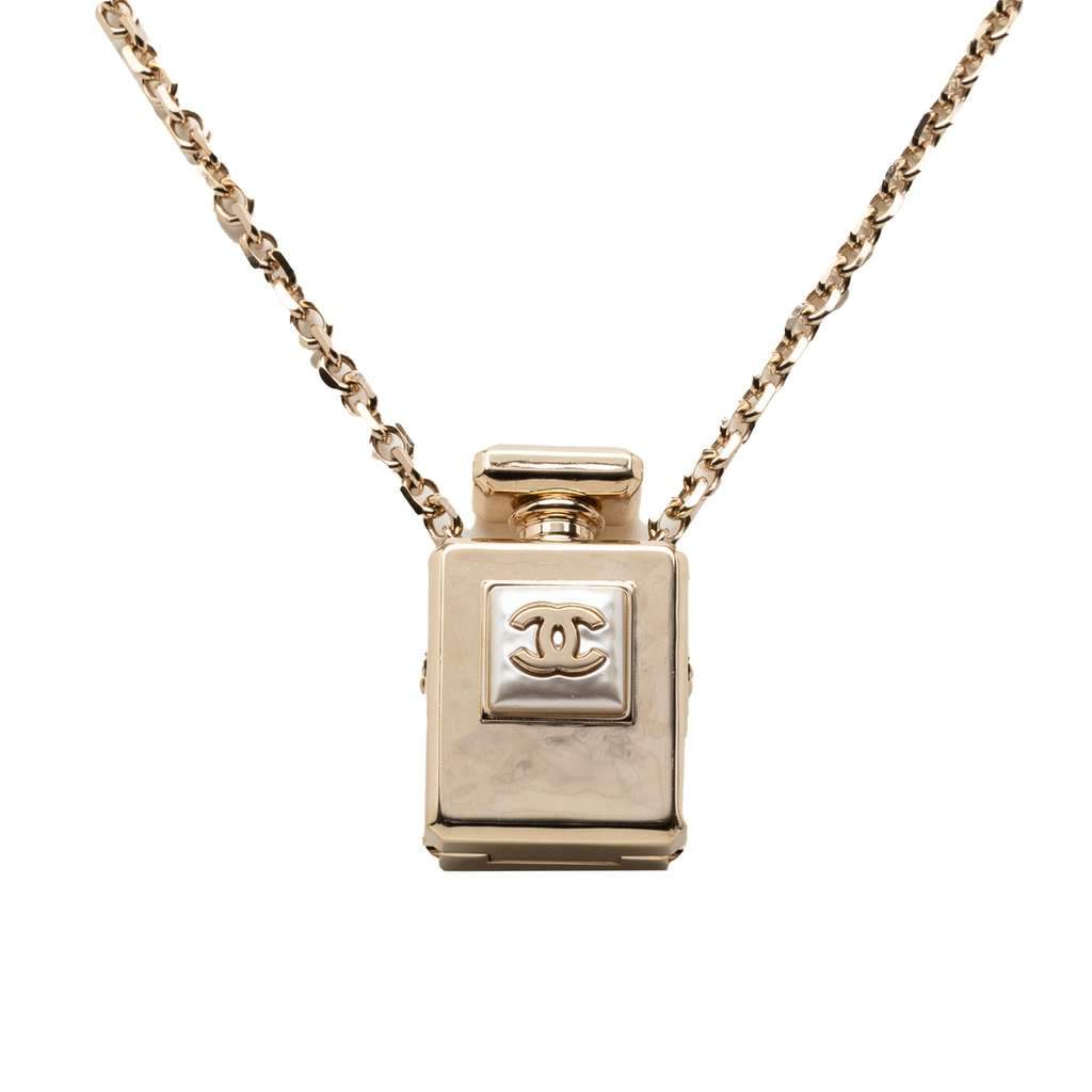 Chanel CC Gold Plated Perfume Bottle Locket Pendant Necklace Gold Metal Very good - Front View