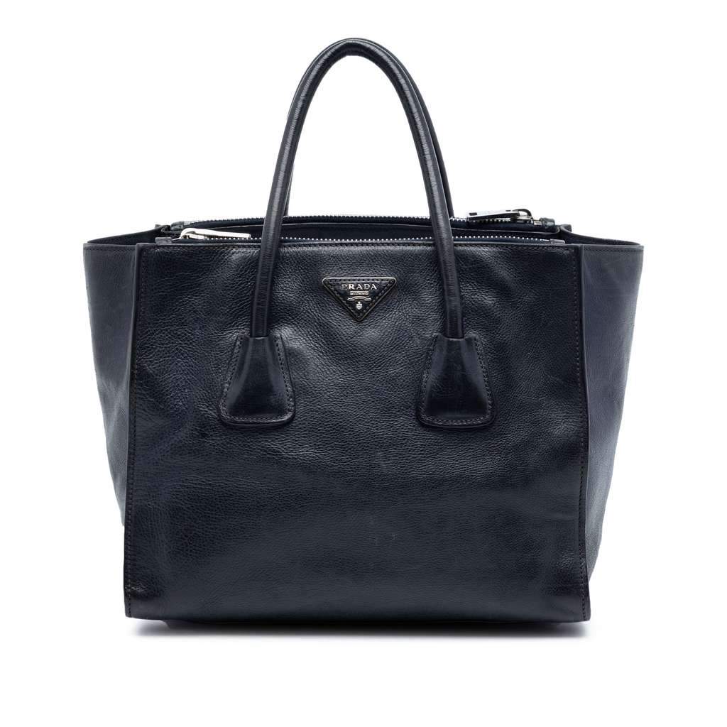 Prada Glace Calf Twin Pocket Double Handle Satchel Blue Leather Very good - Front View