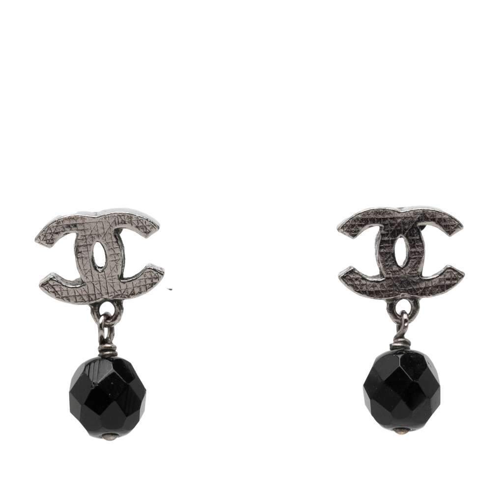 Chanel CC Brass Beaded Swing Push Back Earrings Silver Brass Very good - Front View