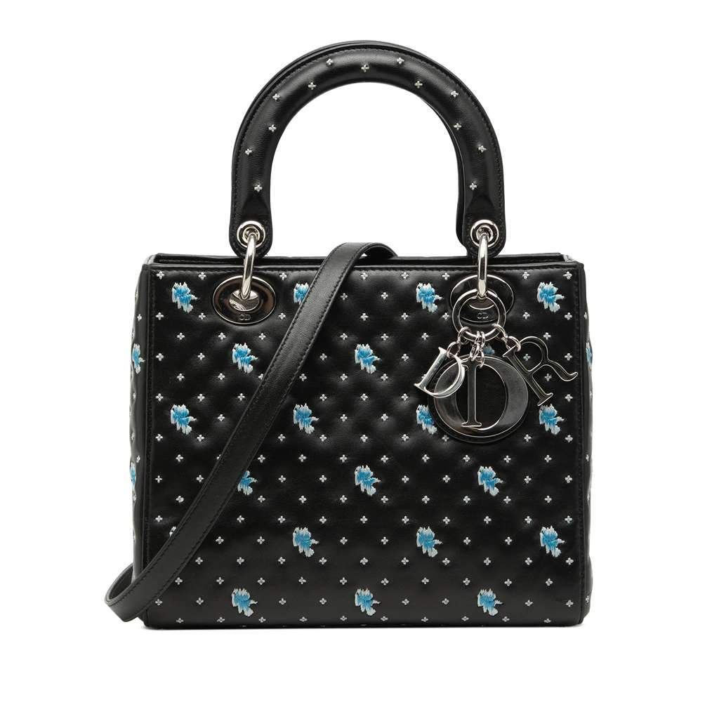 Dior Medium Calfskin Embroidered Flower Lady Dior Black Leather Very good condition - Front View