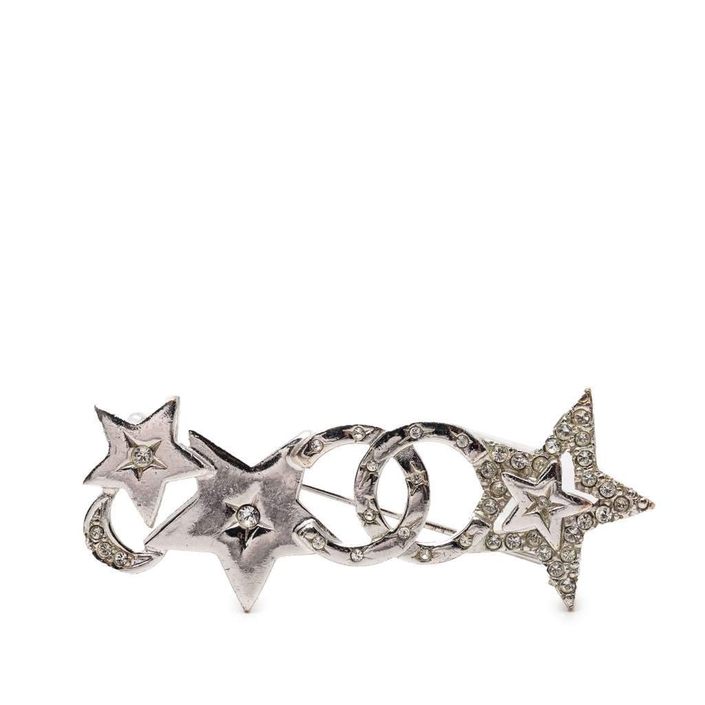 Chanel CC Brass and Strass Star and Moon Pin Brooch Silver Brass Very good - Front View