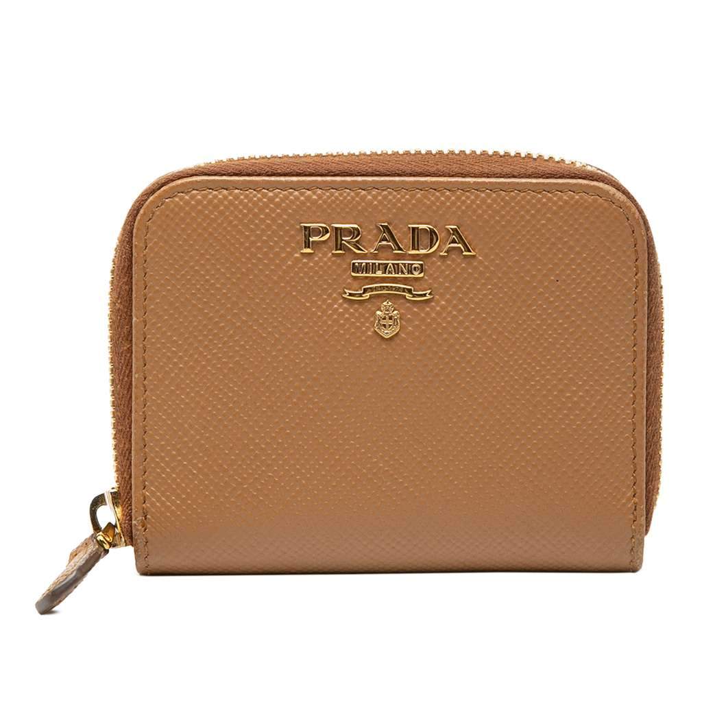 Prada Saffiano Zip Around Coin Pouch Brown Leather Very good - Front View