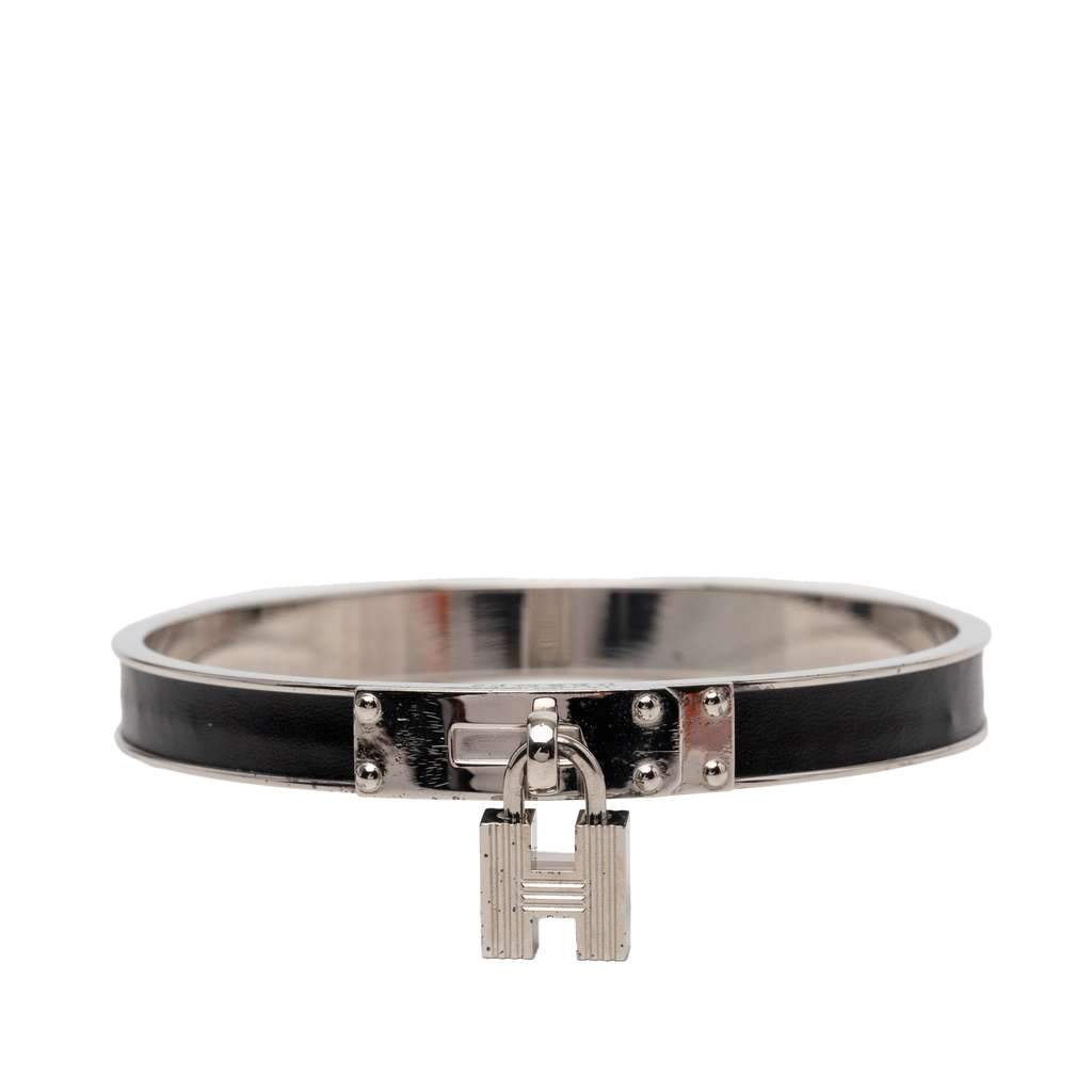 Hermès Palladium Plated Leather Kelly Cadena Lock Bangle Bracelet Silver Metal Very good - Front View