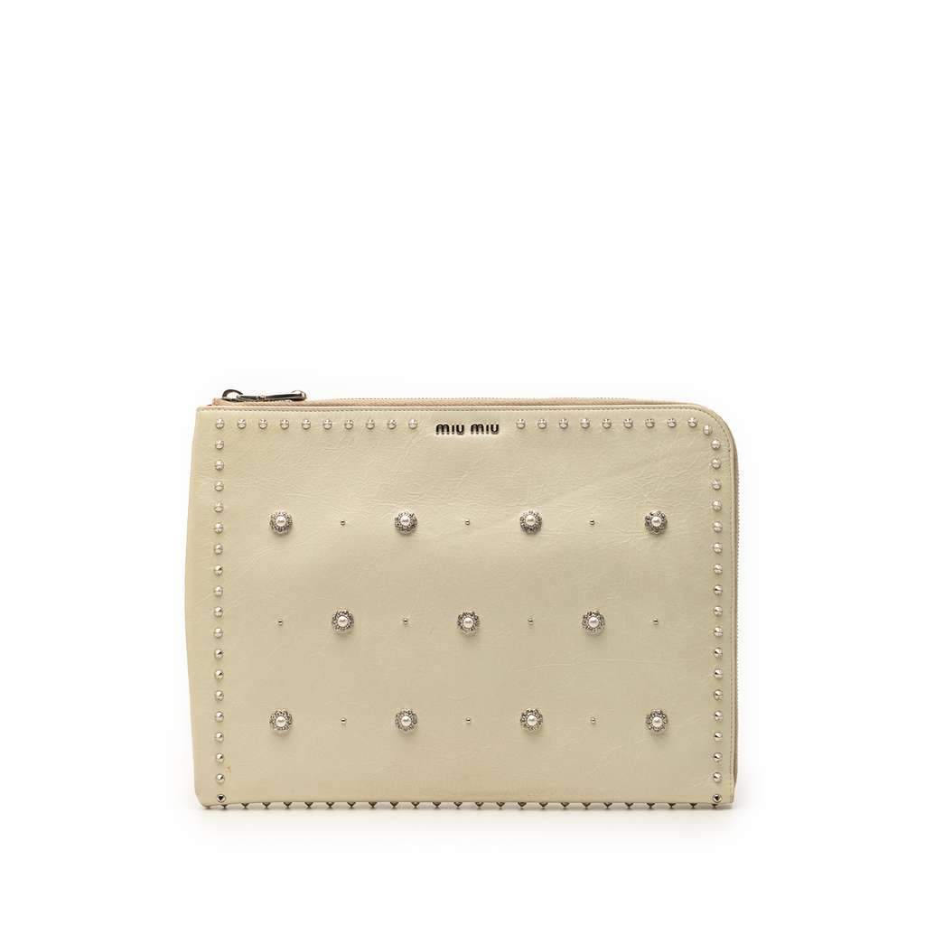 Miu Miu Faux Pearl Studded Leather Clutch White Leather Very good - Front View