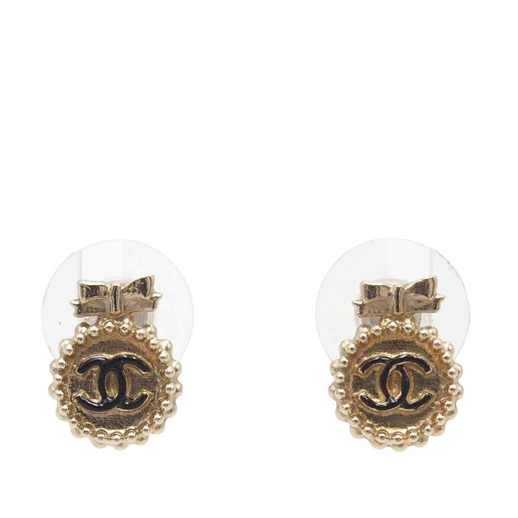 Chanel CC Gold Plated Bow Bullet Back Earrings Gold Metal Very good - Front View