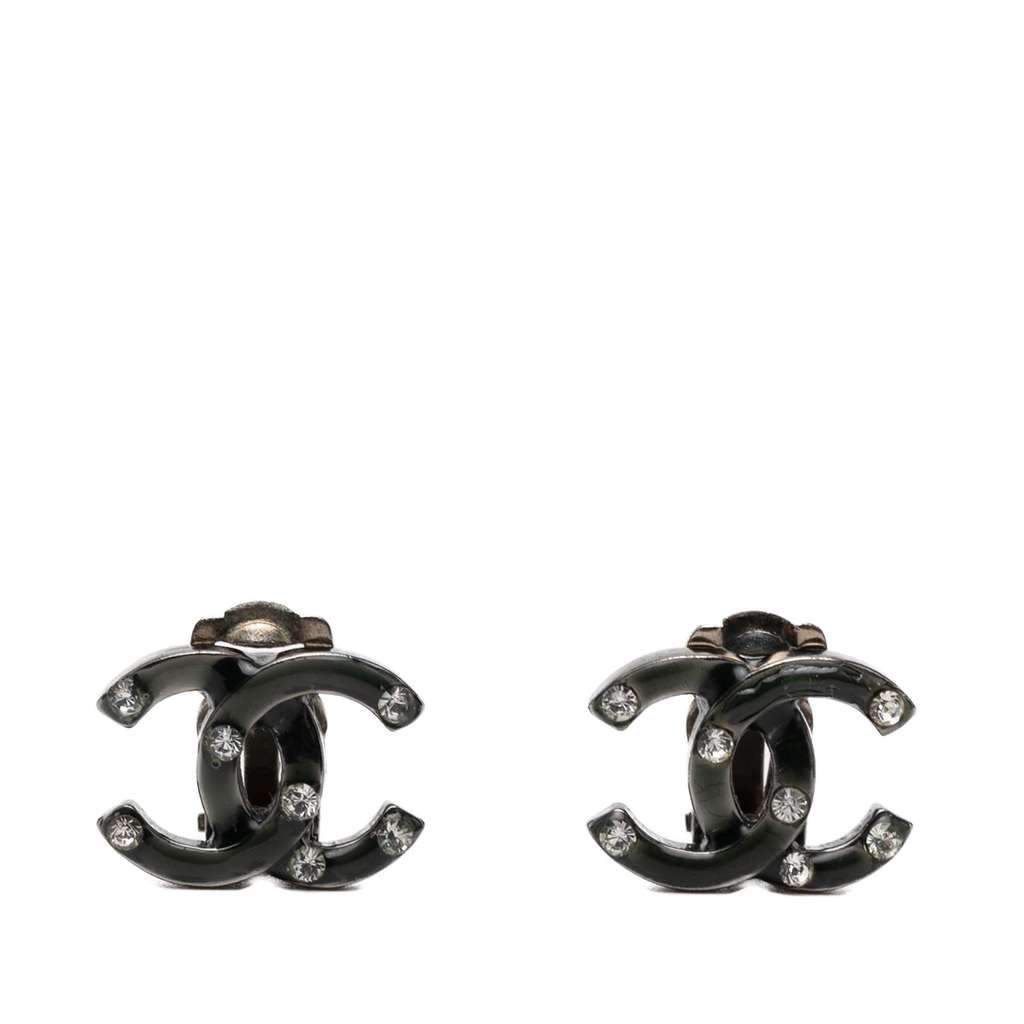 Chanel CC Brass Strass Lacquered Clip On Earrings Black Brass Very good - Front View