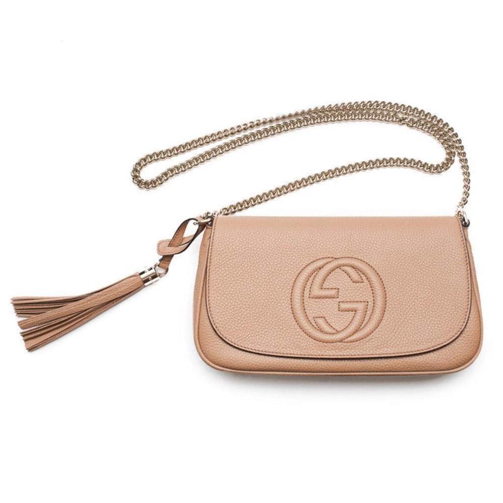 Gucci Gucci Soho Disco GG Tassel Gold Chain Crossbody Flap Bag Camelia Beige Beige Leather Never worn, with tag - Front View