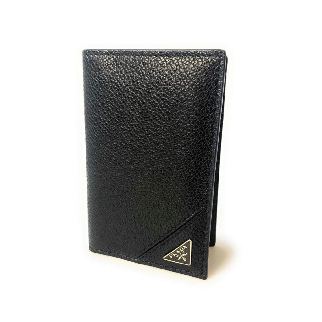 Prada Prada Vitello Grain Black Leather Triangle Logo Vertical Bifold Wallet Black Leather Never worn, with tag - Front View