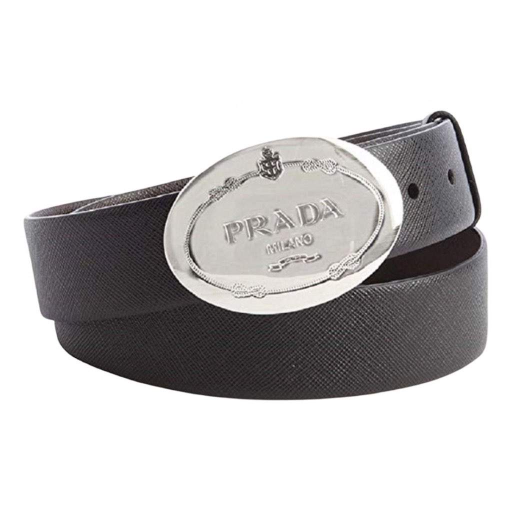 Prada Prada Black Saffiano Leather Engraved Oval Plaque Buckle Belt 110/44 Black Leather Never worn, with tag - Front View