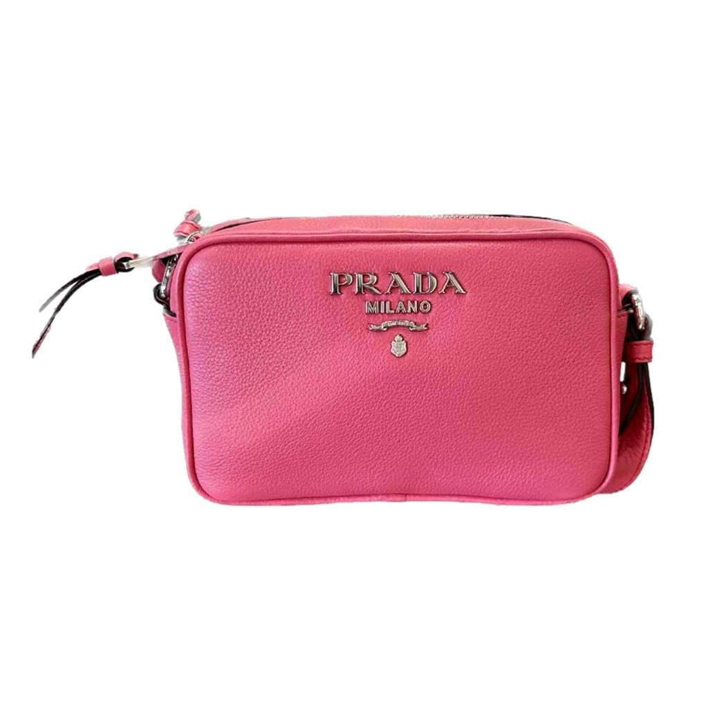 Prada Prada Vitello Phenix Pink Leather Silver Logo Small Camera Crossbody Bag Pink Leather Never worn, with tag - Front View