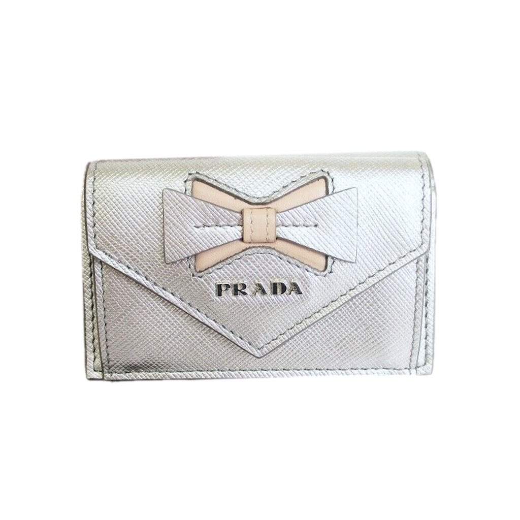 Prada Prada Ribbon Saffiano Metallic Silver and Beige Leather Trifold Wallet Silver Leather Never worn, with tag - Front View