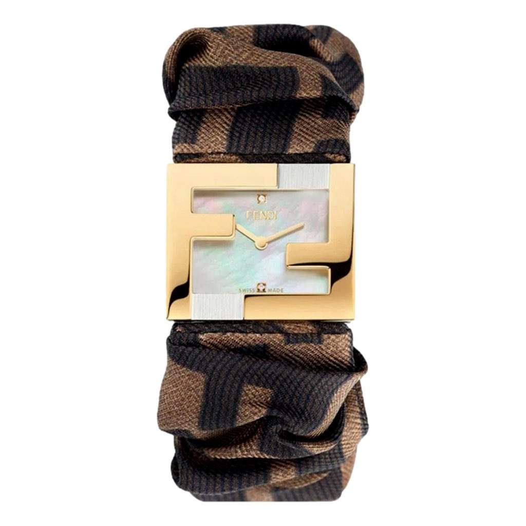 Fendi Fendi Fendimania Baguette Pearl Dial Monogram Satin Watch Brown Never worn, with tag - Front View